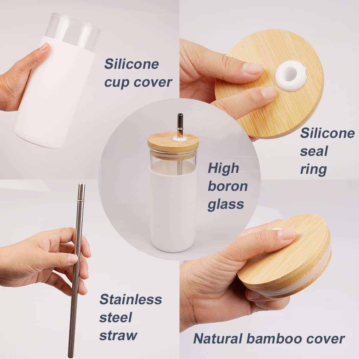 Glass Smoothie Cup, Bamboo Lid Stainless Steel Straw, Reusable Coffee Cup 