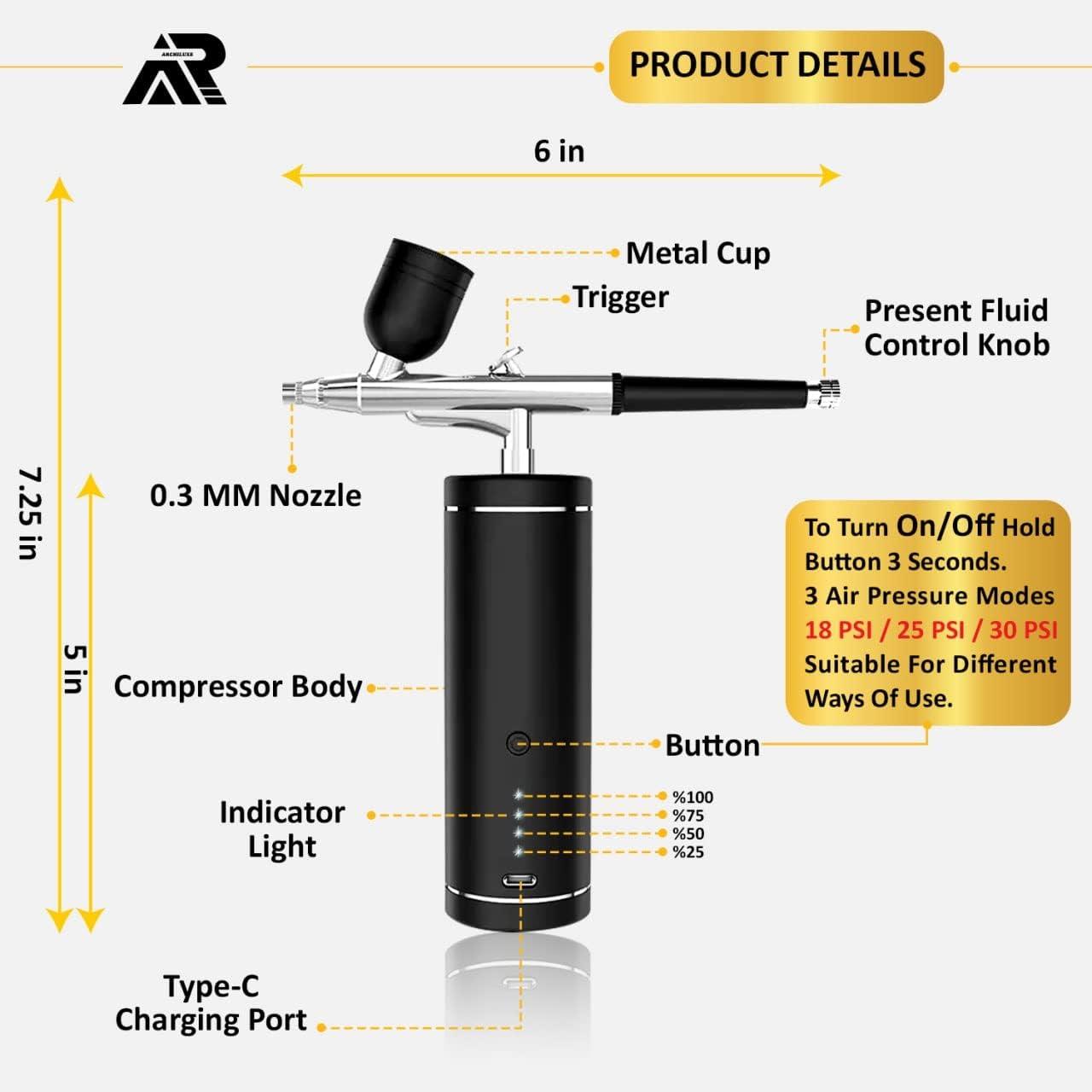 Airbrush Kit with Air Compressor 30PSI Portable Handheld Air Brush Gun  Rechargeable Cordless Airbrush for Nail Art Painting Cake Decor Cookie  Makeup Barber Skin Hydration. black