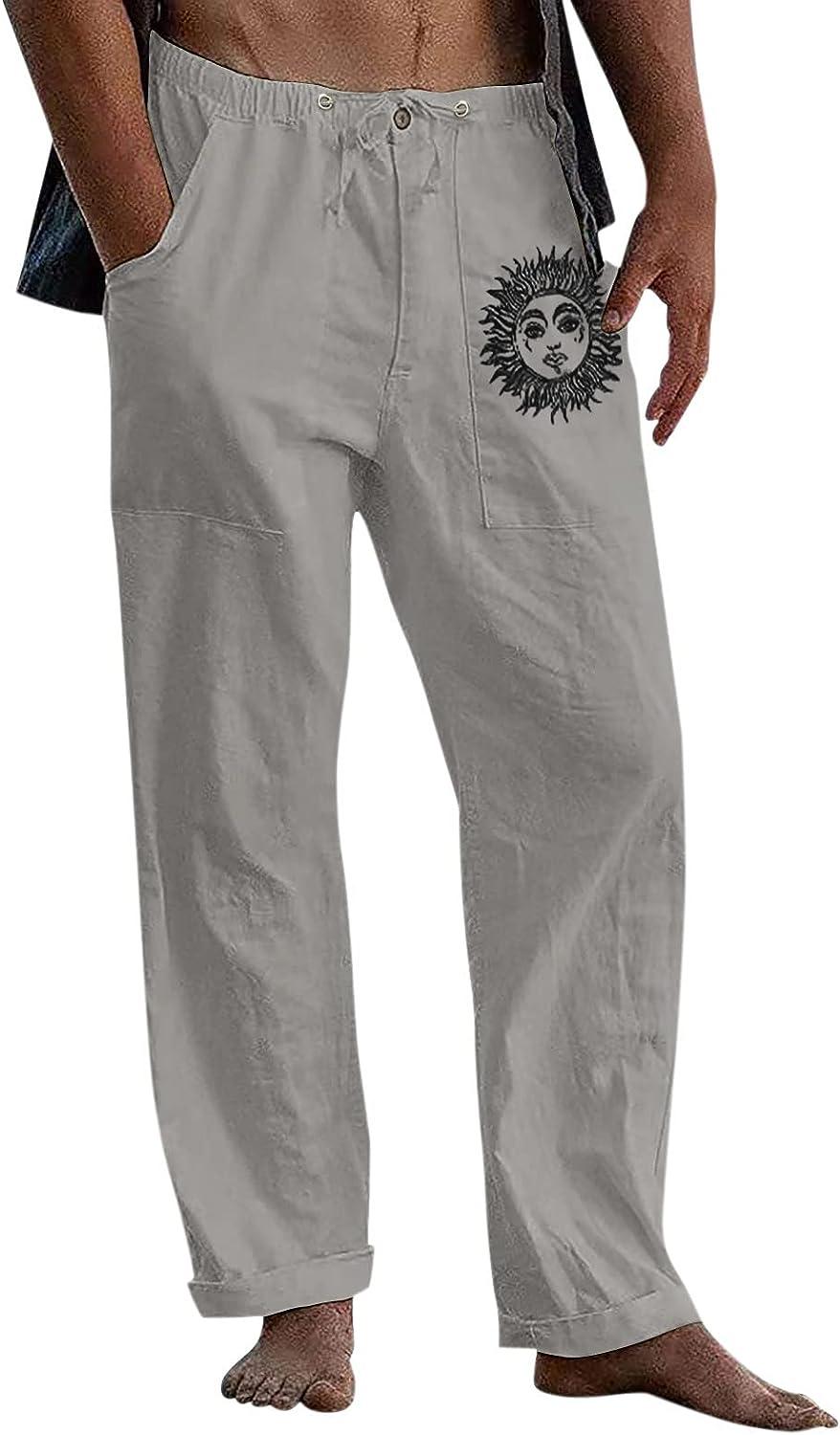 Elainilye Fashion Plus Size Cargo Pants Cotton And Linen Pants For Men  Elastic Waist Breathable Soft Washed Casual Trousers Long Pants,Gray 