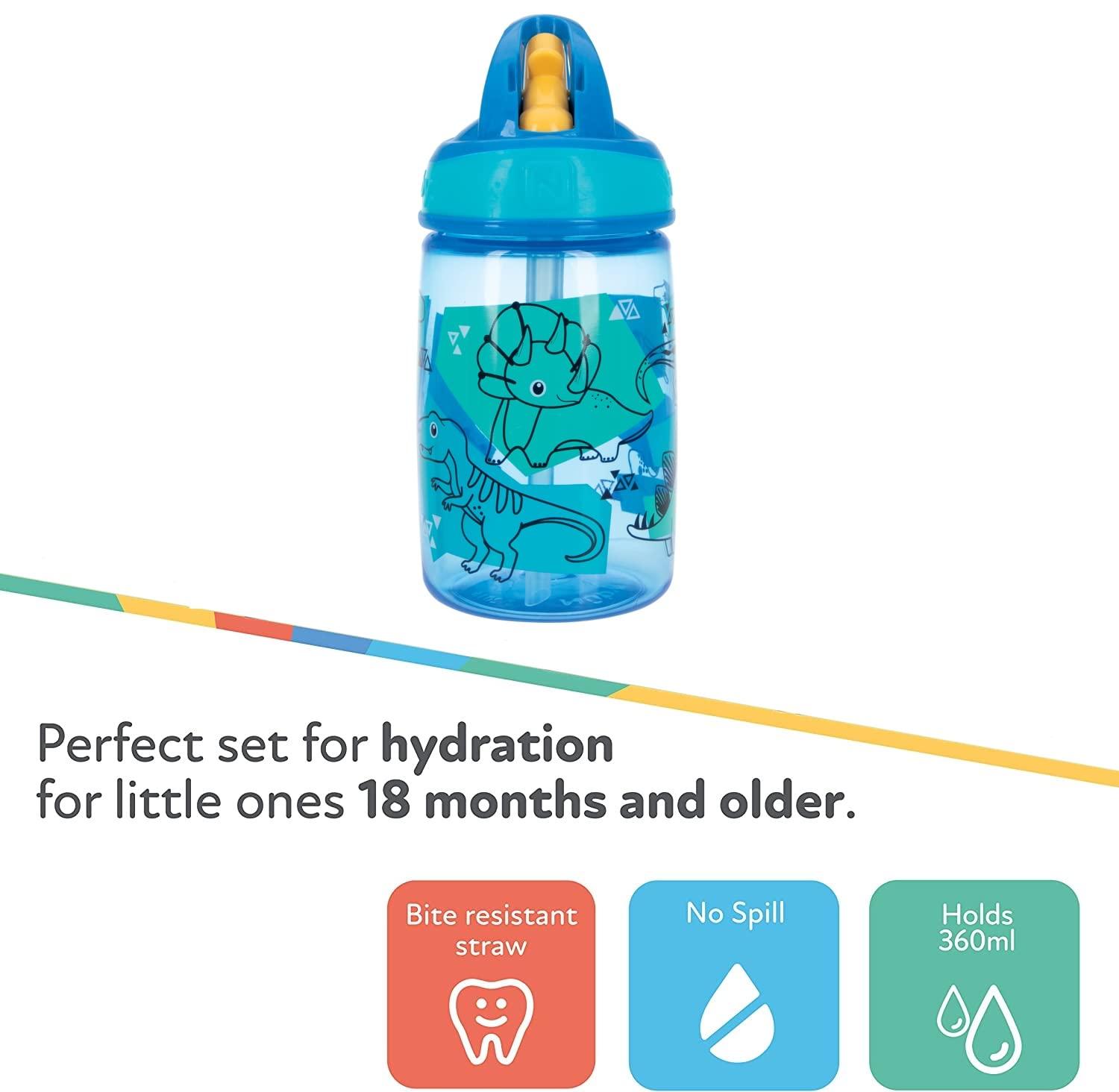 Nuby Flip-it Kids On-The-Go Printed Water Bottle with Bite Proof Hard Straw  - 12oz / 360 ml, 18+ Months, 1pk Friendly Monsters