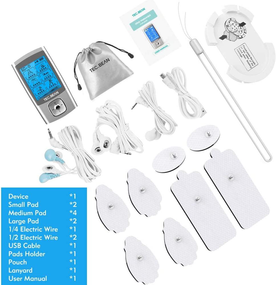 TEC.BEAN 24 Modes TENS Unit Muscle Stimulator Rechargeable TENS Machine  with 8 Electrode Pads (American Gel) Electric Pulse Massager for Pain  Relief Therapy