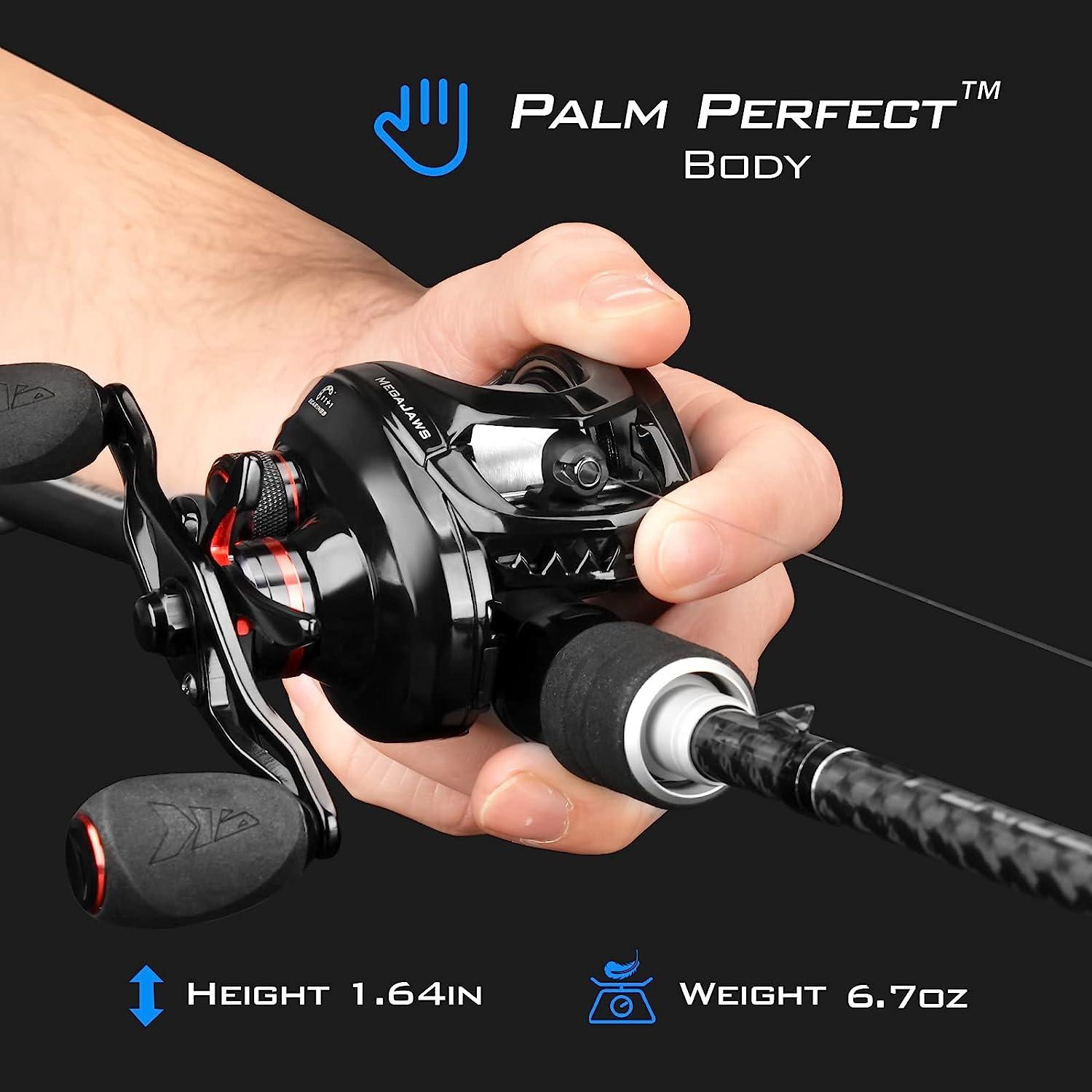 KastKing MegaJaws Baitcasting Fishing Reel, New AutoMag Dual Braking System  Baitcaster Fishing Reel, Only 6.7oz, 17.64 LBs Carbon Fiber Drag, 11+1  Shielded BB, High Speed 5.4:1 to 9.1:1 Gear Ratios A:Right Handed-Blacktip- 7.2:1