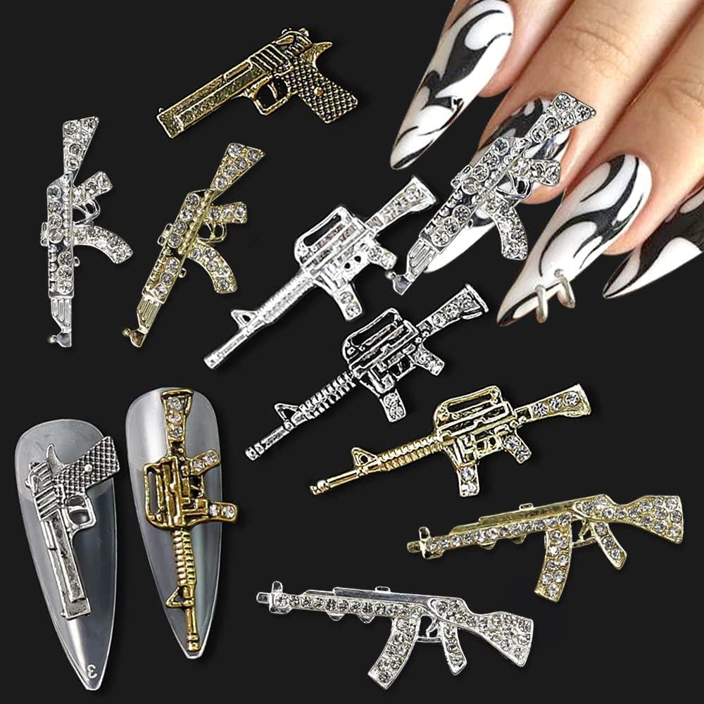 3D Metal Gun Nail Charms Alloy Weapon Nail Charm Luxury Diamond Gun Charms  For Nails Gun Nail Jewels For Nail Art Decoration Rhinestones Nail  Accessories DIY Nail Art Tools Nail Supplies 10pcs/set