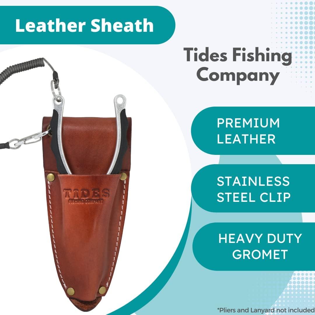 Leather sheath for fishing pliers with stainless steel metal clip.  Universal fit for most fishing pliers Tides, Picifun, Kastking, Booms, Bubba