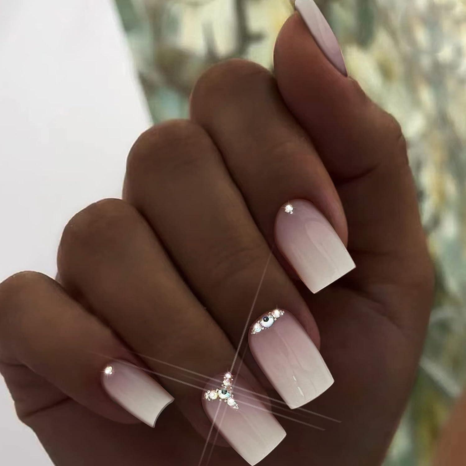 24Pcs Milky White Press on Nails Medium Length Gradient Pink Fake
