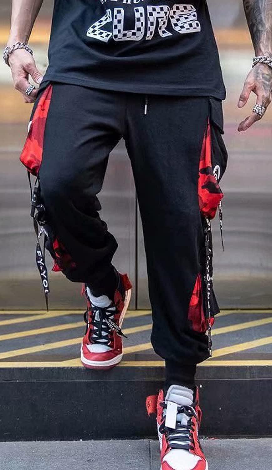 Mens Red Black Joggers Pants Techwear Cargo Rave Hip Hop Emo Pants Fas –  Love Your Mom