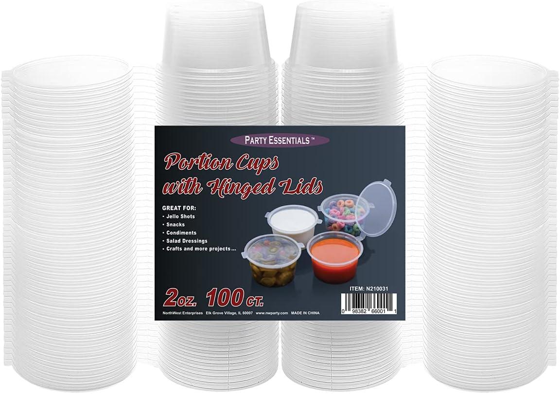 Plastic Condiment Cups with Attached Leak Resistant Lid, (100 Pack