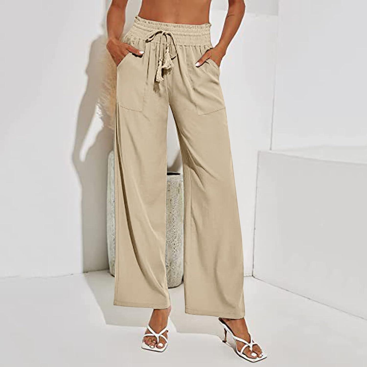 Gufesf Women's Cotton Linen Palazzo Pants Summer Wide Leg Long Trousers  with Pockets Crop Pants for Women Dressy Summer Khaki Medium