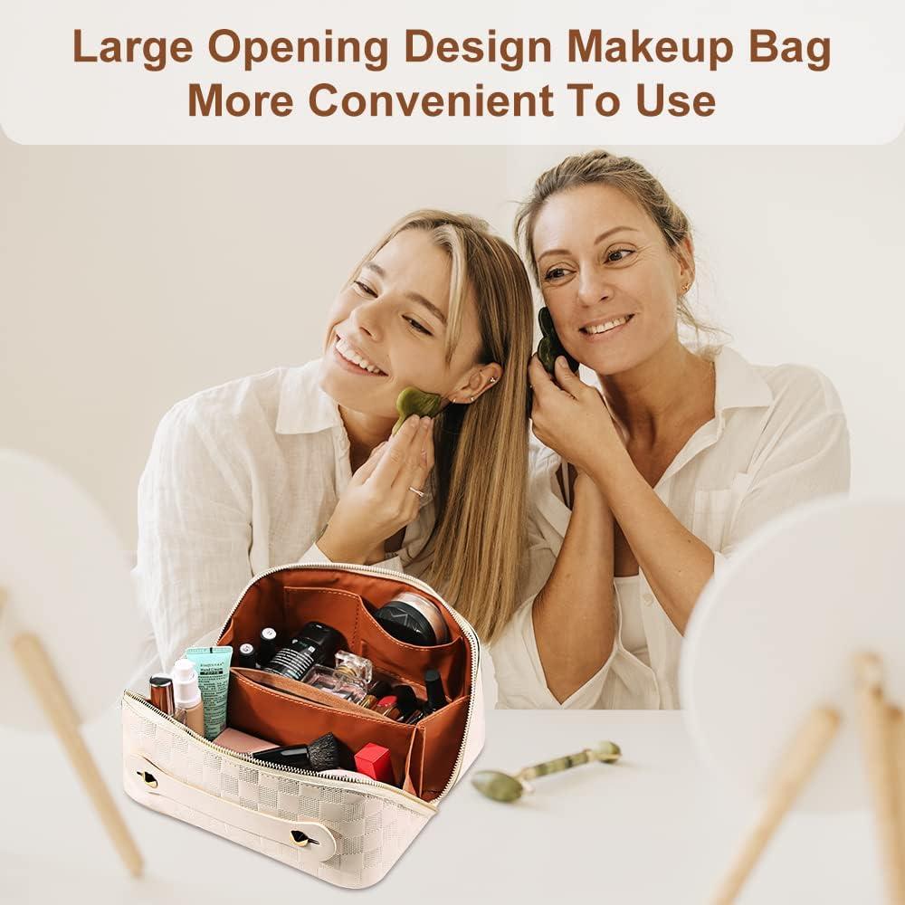 vhivhias Portable Checkered Makeup Bag Large Capacity Portable Travel  Cosmetic Bag Opens Flat PU Leather Waterproof White