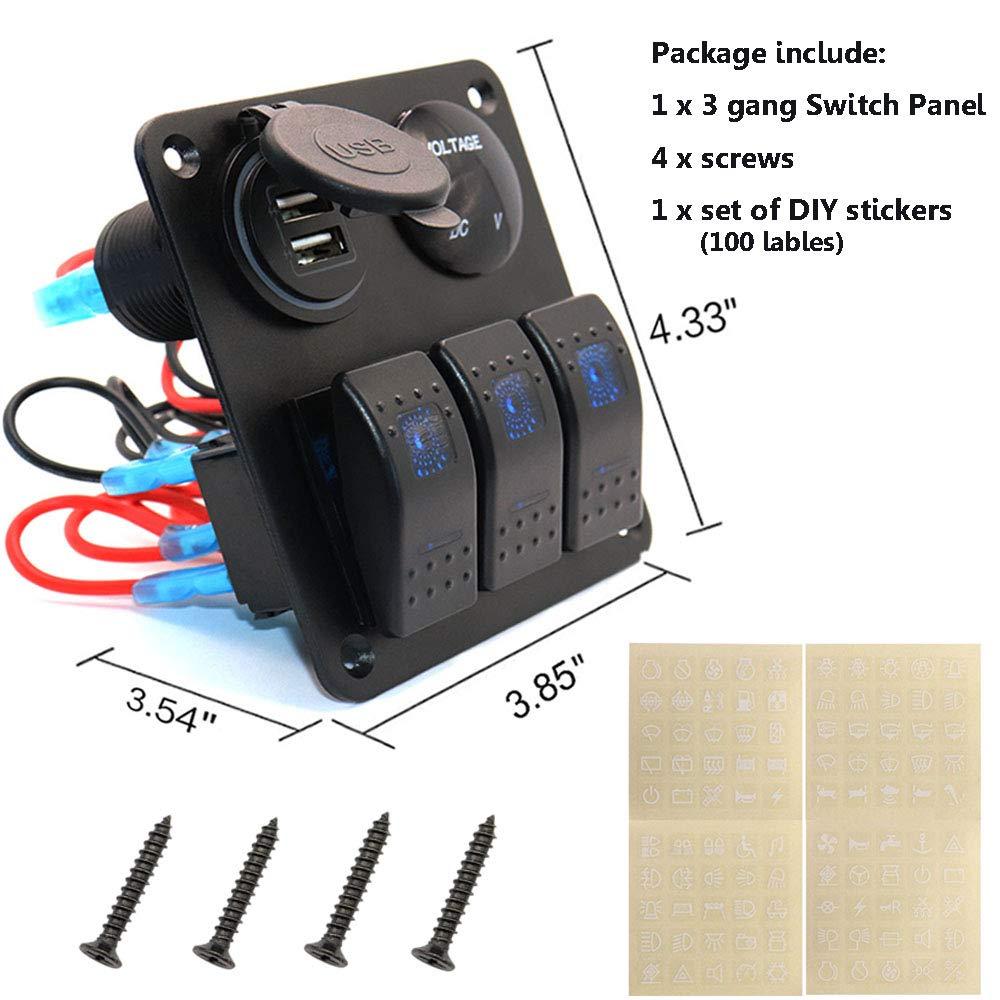 3 Gang Waterproof Marine Boat Rocker Switch Aluminum Panel, DC 12V/24V 5  Pin ON-Off Switch, with Upgrade Arc LED Digital Display Voltmeter and 4.8A Dual  USB Slot Socket for Boat Car Rv