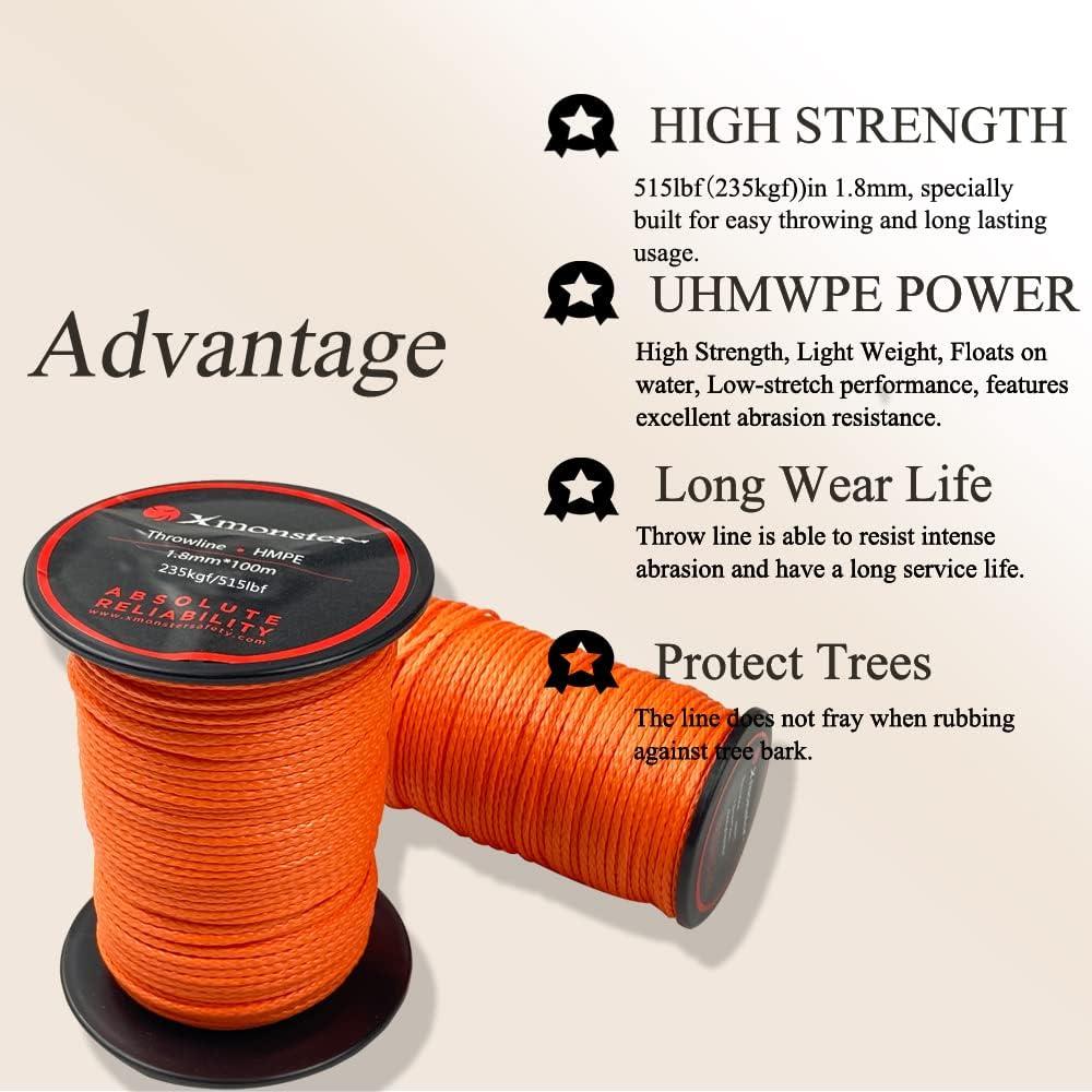 X MONSTER Throw Line 1.8mm 100% UHMWPE Easter Rope for Arborists, Best for  Tree Climbing, High Limb Throwing, Outdoor General Purpose Orange 165 Feet