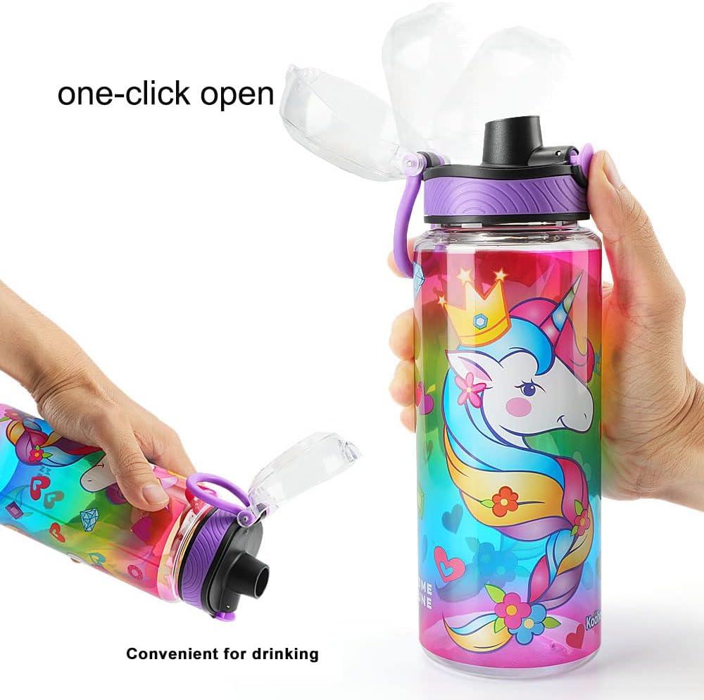 HomTune Cute Water Bottle for School Kids Girls BPA Free Tritan & Leak Proof & Easy Clean & Carry Handle 23oz/ 680ml - Unicorn