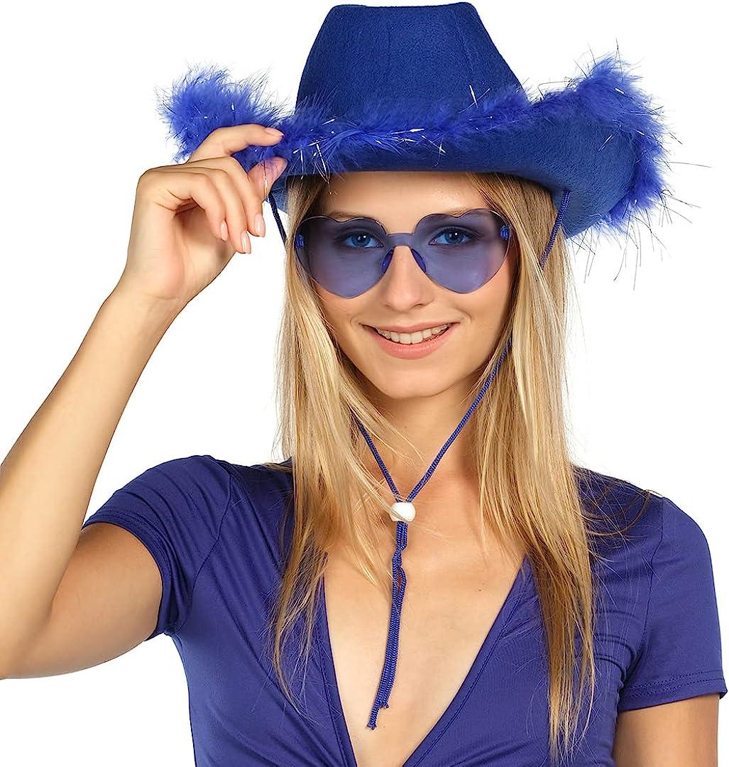 Funcredible Purple Cowgirl Hat with Glasses - Halloween Cowboy Hat with  Feathers - Cow Girl Costume Accessories - Fun Bride Western Rodeo Party Hats  and Goggles for Women, Girls and Kids