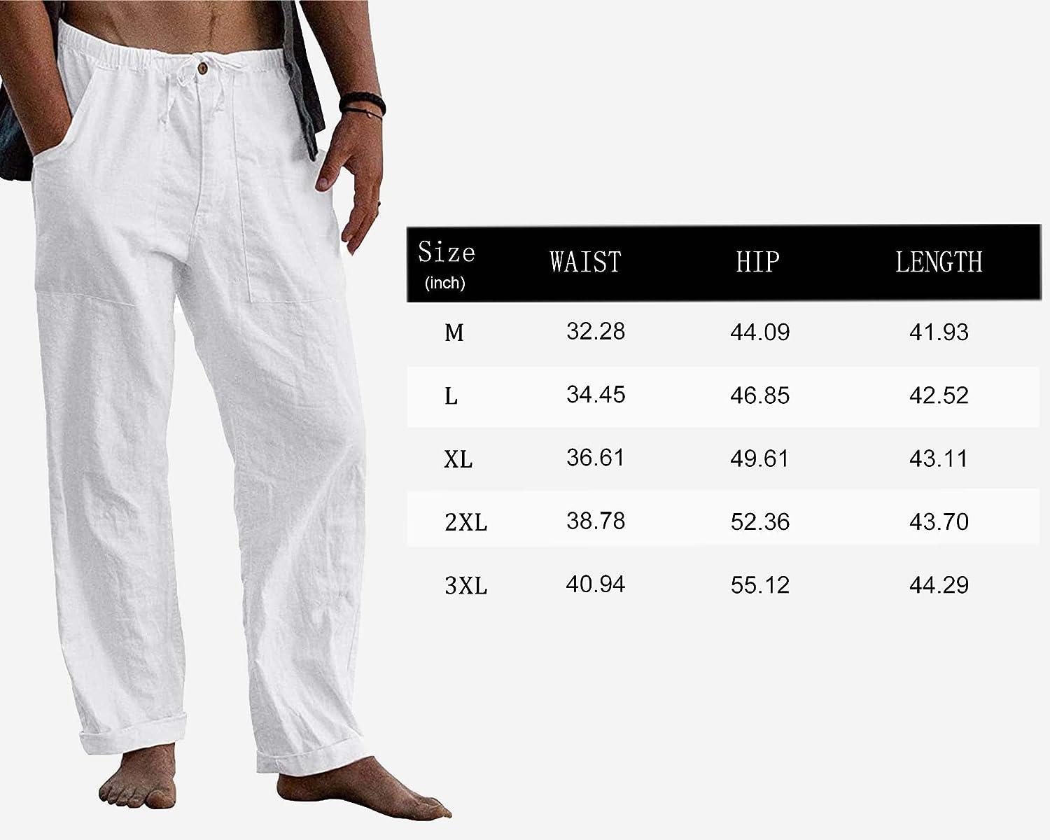 LVCBL Men's Casual Linen Pants Elastic Waist Drawstring Cotton Trousers  White X-Large
