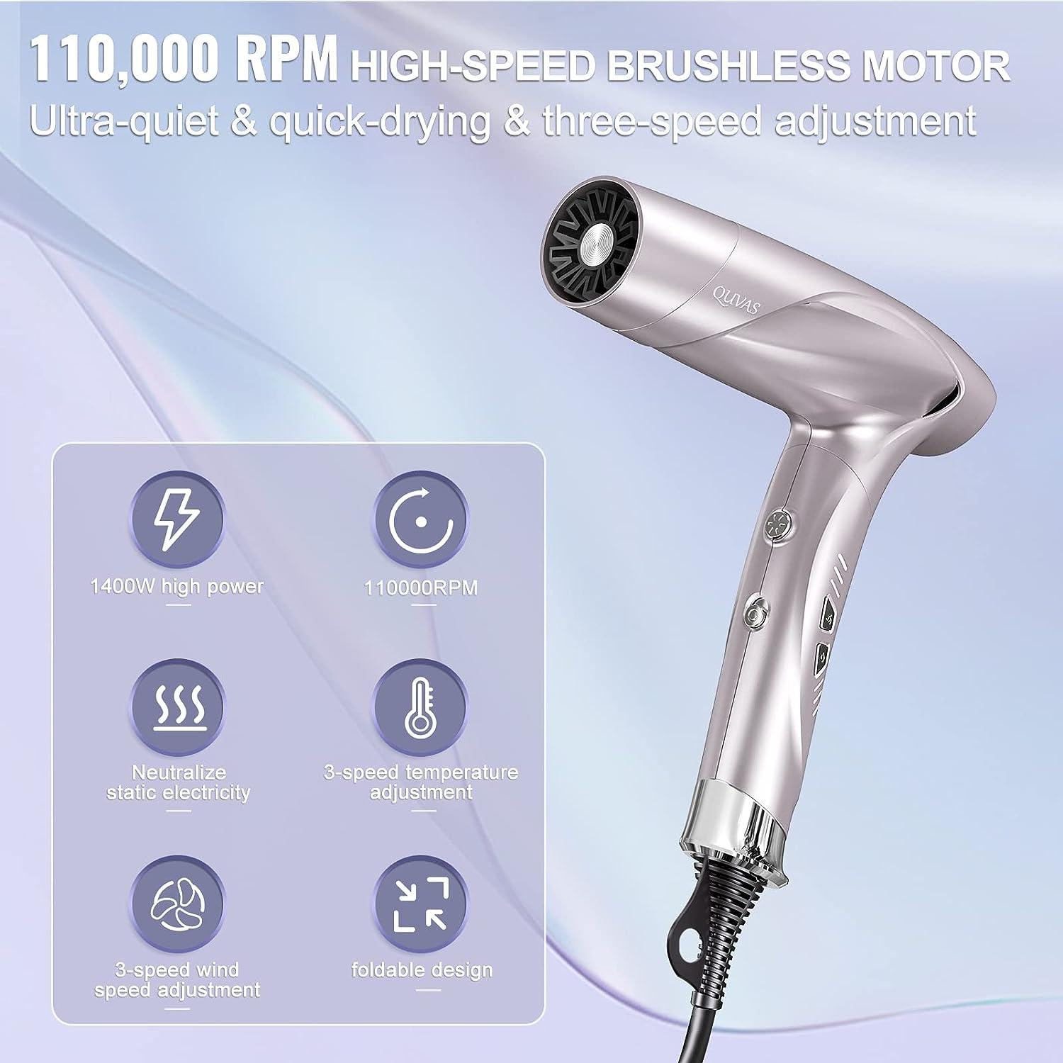 Hair Dryer Professional Ionic Hair Dryer Compact Quiet Hair Dryer Portable  Travel Hair Dryer Brushless Motor. Foldable Hair Dryer with Magnetic Nozzle  Wind Speed/Temperature Three-Speed Adjustment Champagne