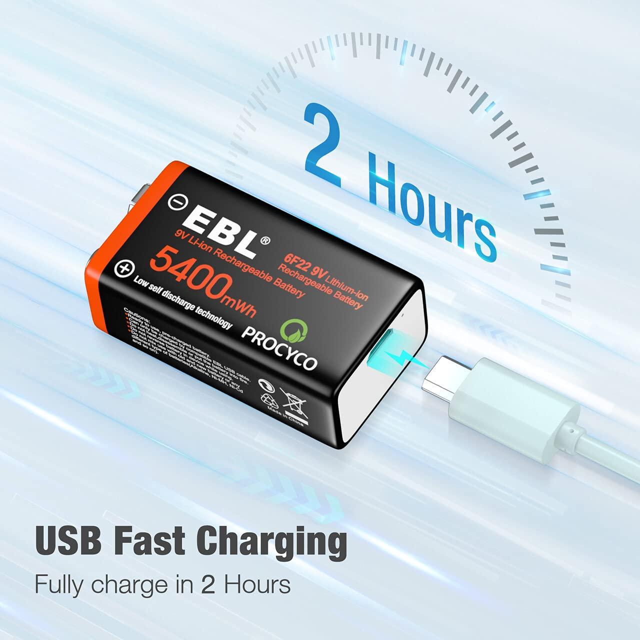 Ebl Rechargeable 9v Lithium Batteries 5400mwh Usb 9 Volt Li Ion Batteries Long Lasting2 Pack