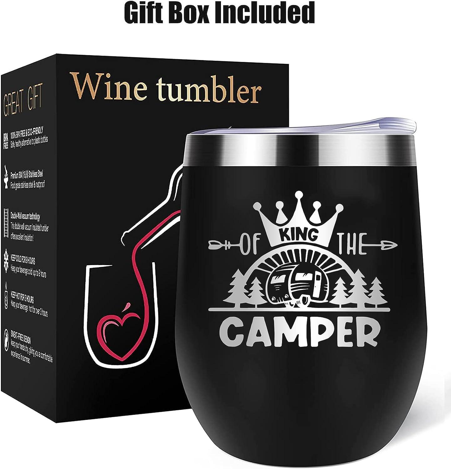 Coolertaste King Of The Camper Wine Tumbler, Happy Camper Gifts 12oz Cup,  Gifts For Campers Outdoors, RV Hiking Camping Coffee Mugs, Camper Lover  Couples Glass for Men