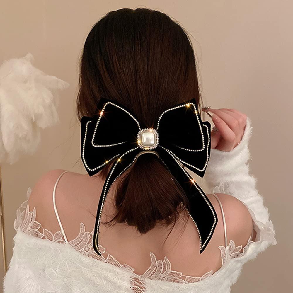 Wiwpar Velvet Black Hair Bow Hair Clips Barrettes Clips Large Bows with  Pearl Rhinestone Hair Clip Big Bowknot Barrettes French Style Hair  Accessories for Women Girls Halloween Party(Black) color 1