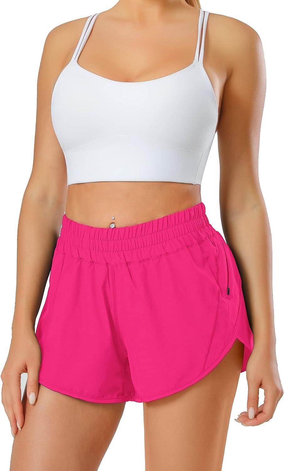 Aurefin Athletic Shorts for Women,Women's Quick Dry Workout Sports Active  Running Track Shorts with Elastic and Zip Pockets 2.5 inches X-Small Hot  Pink