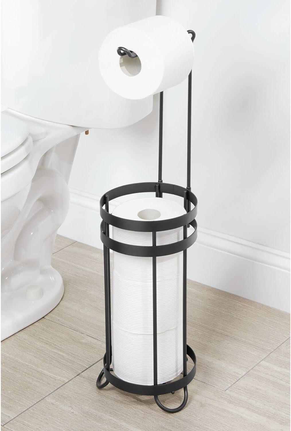 Toilet Paper Holder Stand and Tissue Paper Roll Dispenser for 4 Mega Rolls,  Bathroom Free Standing Tissue Roll Storage Holder Rack, Metal Wire Black