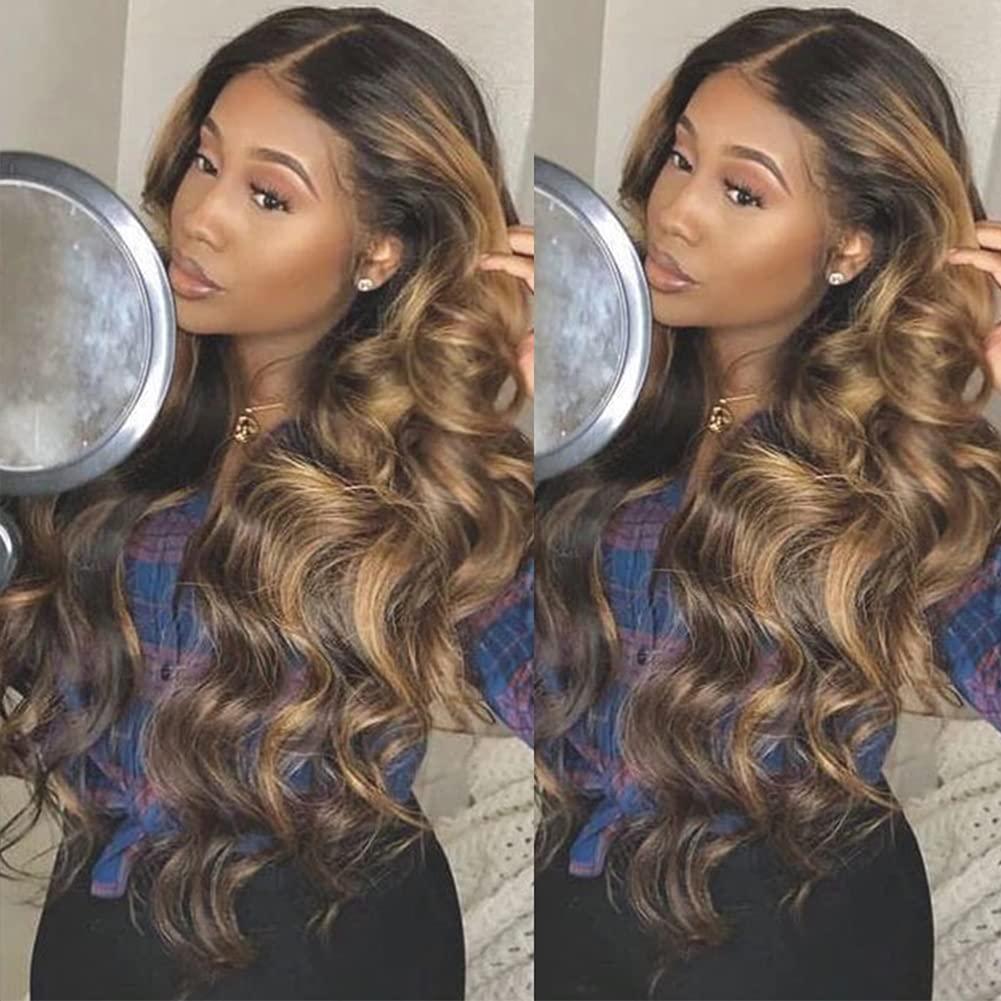 Glueless 4/27 Highlight Wig Brazilian Body wave Human Hair Wig Ombre Brown 13x6x1  Lace Front Wig 150% Density for Black Women Honey Blonde Virgin Human Hair  Wigs (16 Inch) 16 Inch Highlight Wig-Body Wave