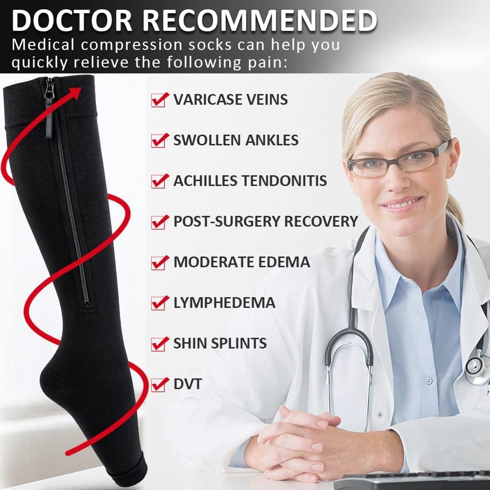 Zipper Compression Socks 15-20mmHg Women Men Medical Toeless Knee High  Support