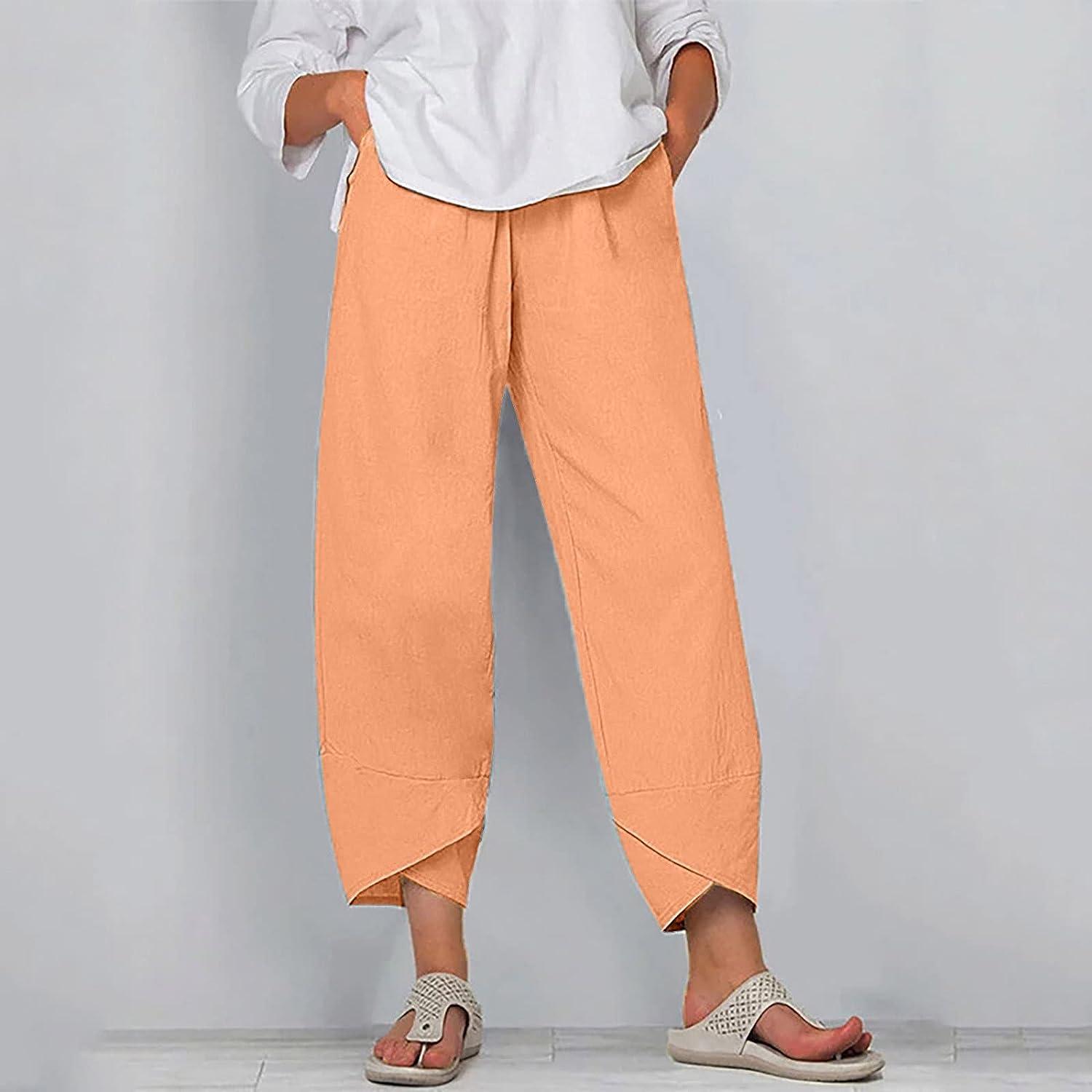 Xibodsi Linen Pants for Women, Womens Casual Pants Elastic Waist Cotton  Linen Tapered Capri Pants Wide Leg Cropped Trousers 00-orange Large