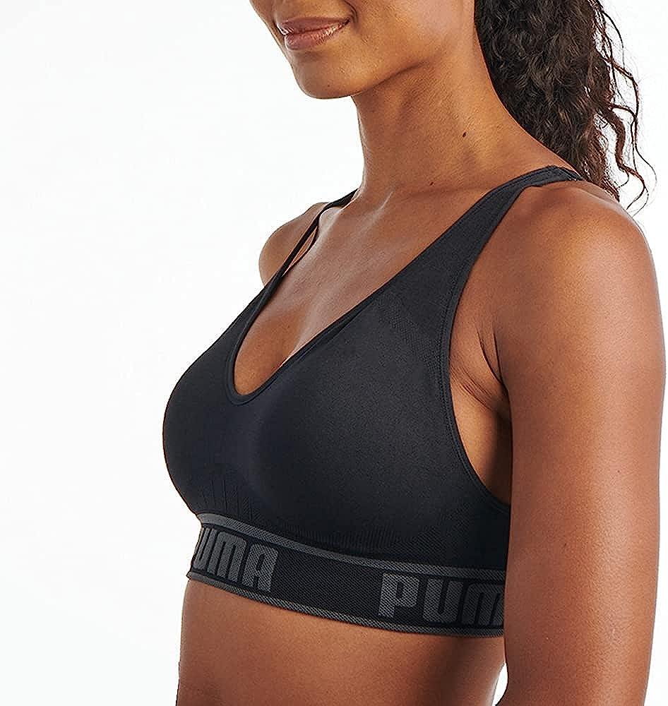 PUMA Sports Bra Womens Large Black Nylon Crossback Wide Straps Logo Pullover