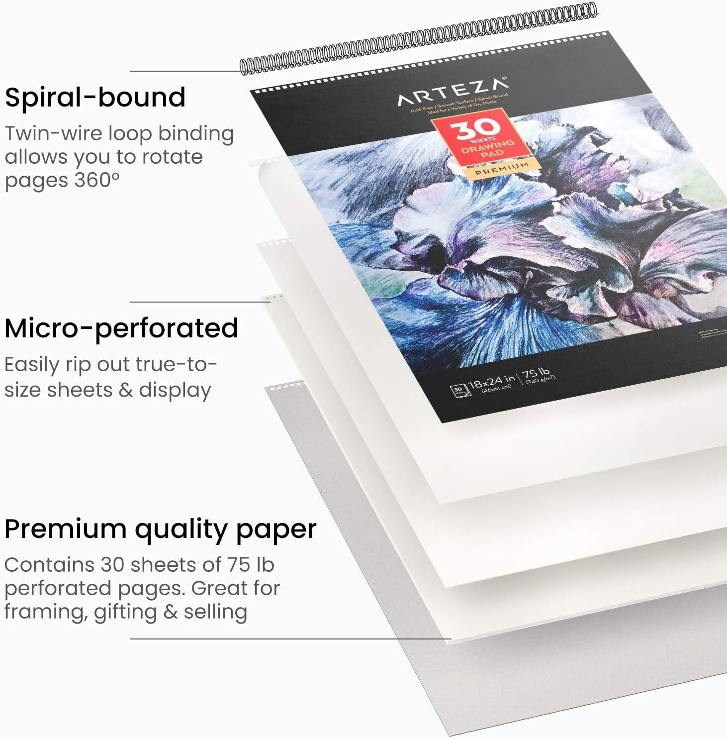Arteza Spiral Bound Drawing Pad, Heavyweight Paper with Micro-Perforation, 18  X 24 Inches, 75 lb/120gsm, 30 Sheets 1 pack