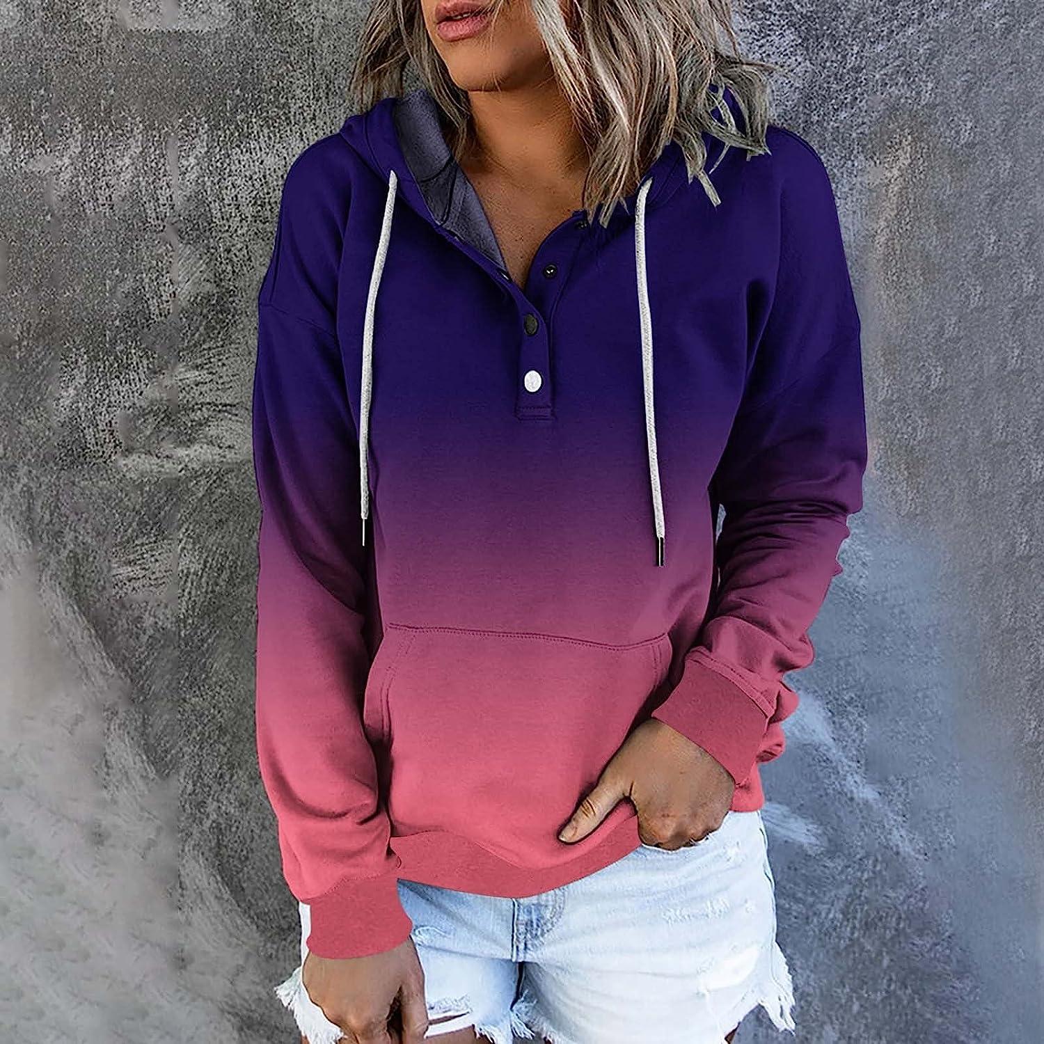 Womens Hoodies Pullover Fall Fashion Tops Graphic Loose Fitting Sweatshirts  Button Down Long Sleeve Shirts with Pocket Medium Purple Button Down Womens  Hoodies Pullover