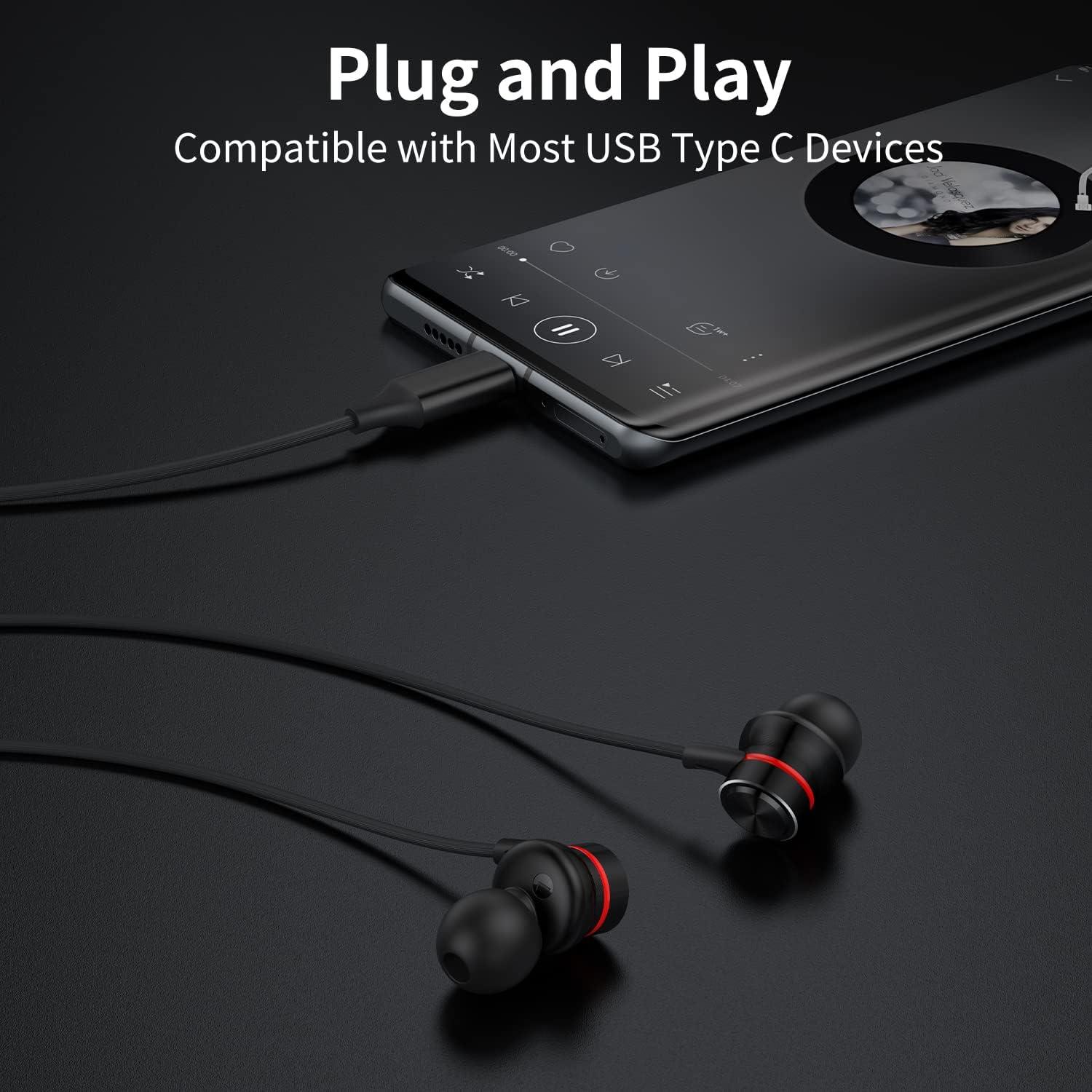 USB C Headphones USB Type C Earphones Wired Earbuds Magnetic Noise