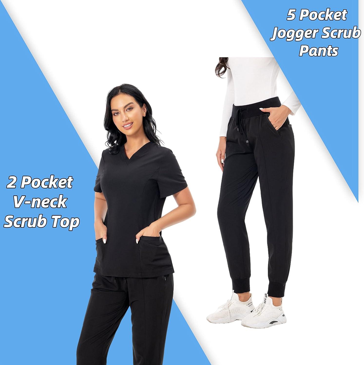 PuriPure Scrub Set for Women Classic V-neck Scrub Top & Jogger Scrub Pants  Athletic Nurse Scrub Set with 7 Pockets 4-way Regular Medium Black