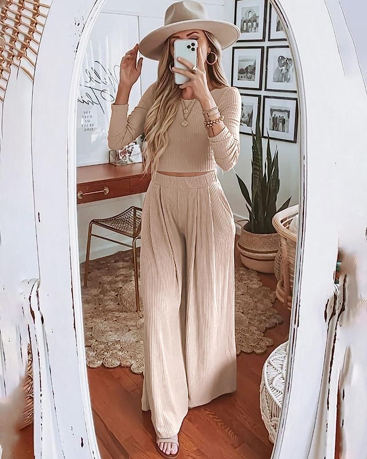 New Bohemian Style Lady Casual Long-Sleeve Cropped Top Loose Wide-Leg Pants  Suit