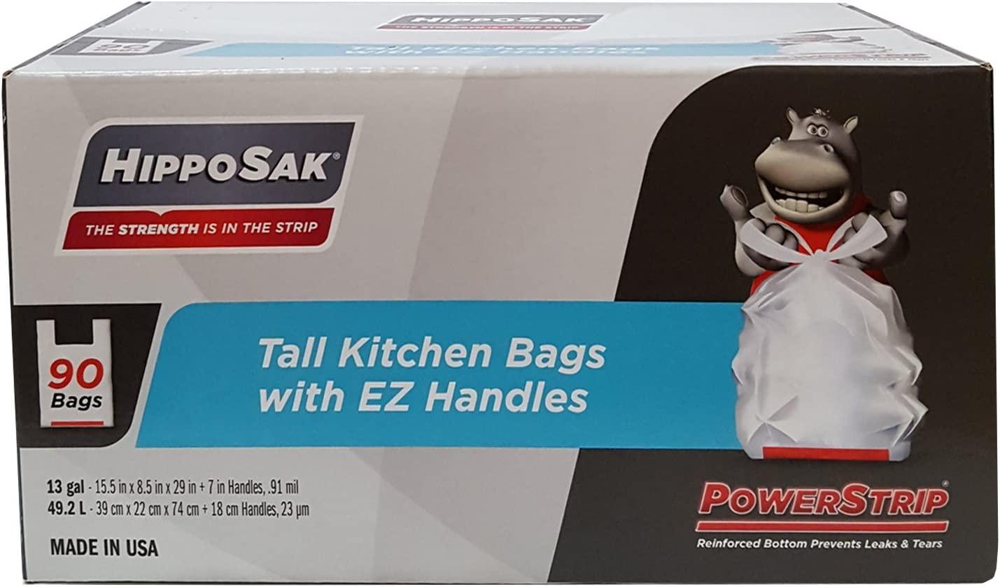 Hippo Sak Handle Trash Bag, with Power Strip, 13 Gallon Tall Kitchen, 90  Count Unscented 90 Count (Pack of 1)