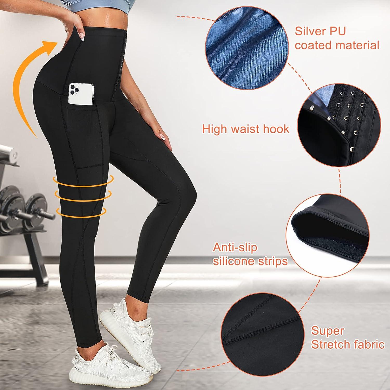AGILONG Women Sauna Sweat Pants with Pocket High Waist Workout Capris  Leggings Hot Thermo Body Shaper Weight Loss Black Large