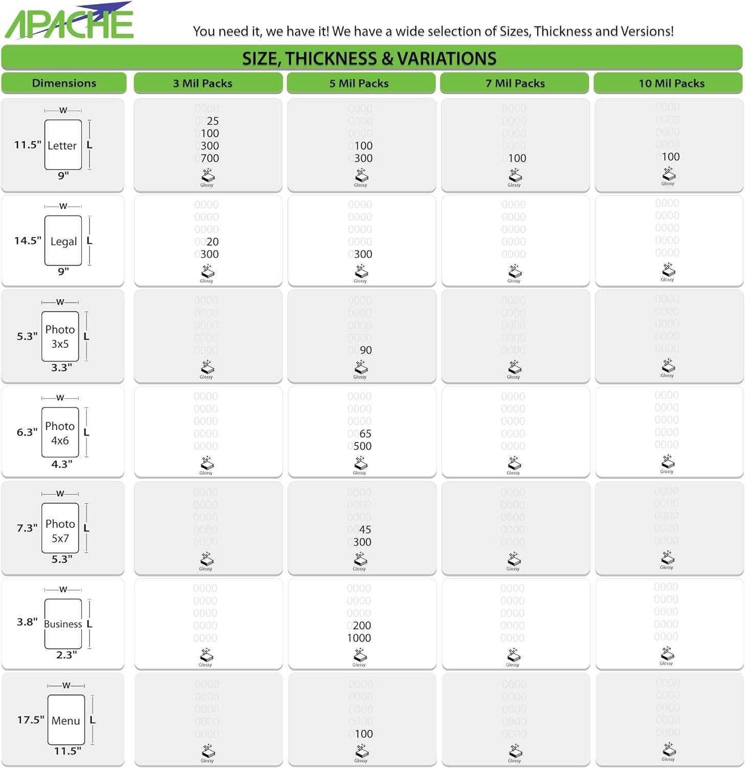 Apache Laminating Pouches 3 mil for 8.5 x 11 inch Letter Size Paper 9 x  11.5 inch Sheets 100 Pack 3mil Letter 100 Pack