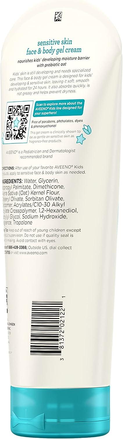 Aveeno Sensitive Skin Face & Body Gel Cream for Kids with Prebiotic Oat, Clinically  Proven 24 Hour Hydration for Soft Skin, Quick Drying and Lightweight,  Hypoallergenic, 8 oz