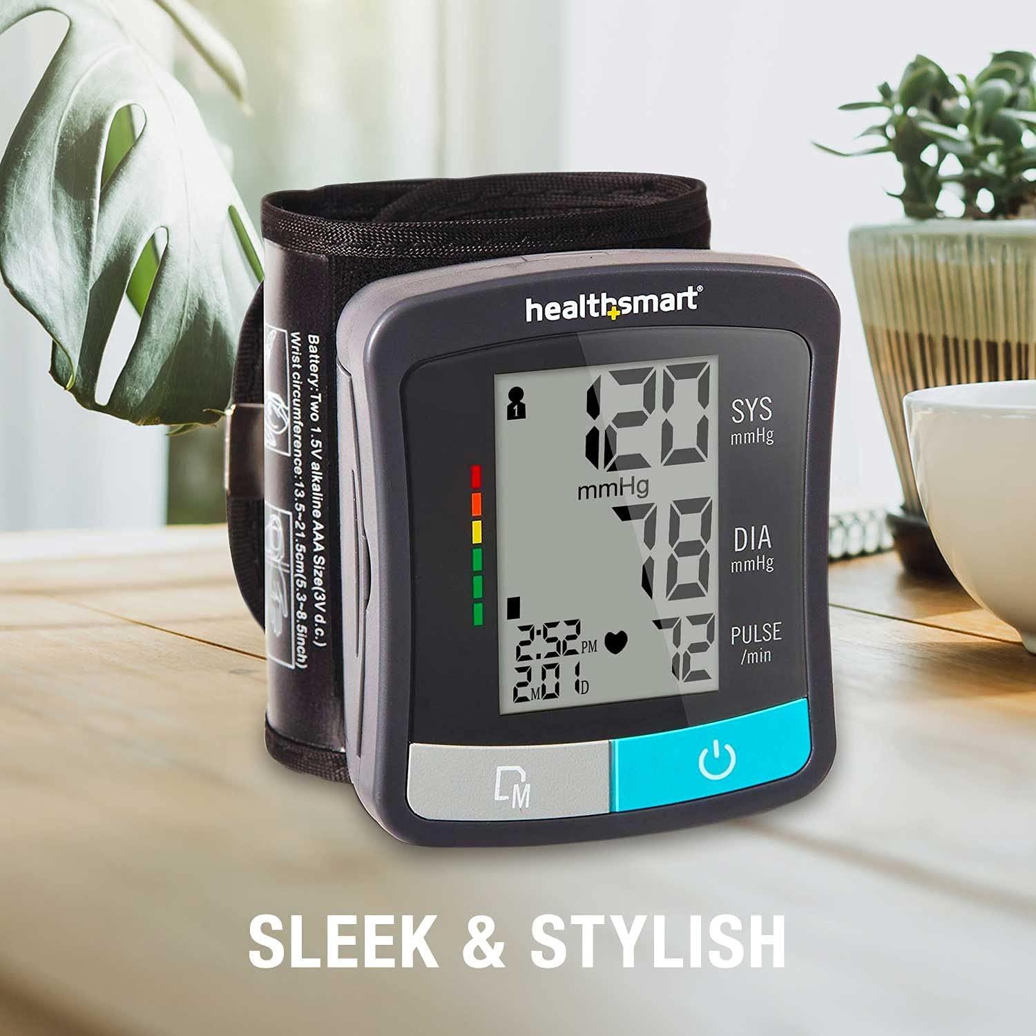 HealthSmart Digital Premium Wrist Blood Pressure Monitor with Cuff That  Measures Pulse Heartbeat and High or Low BP, 120 Reading Memory Stores Up  to