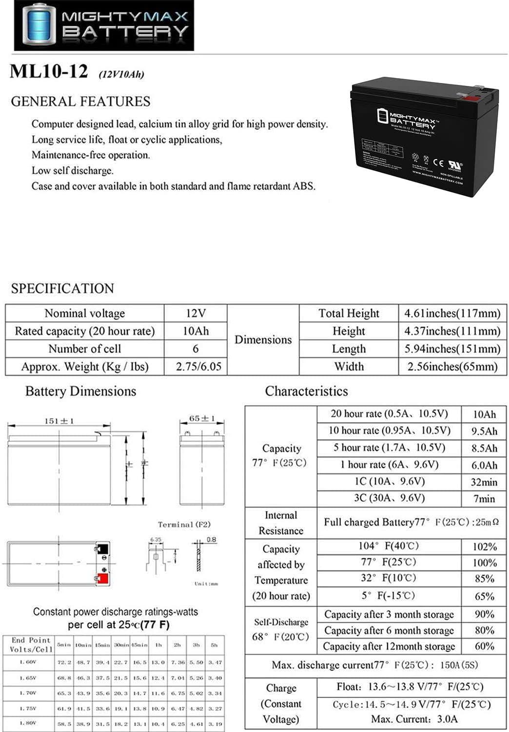 ML12-12F2 - 12 Volt 12 AH, F2 Terminal, Rechargeable SLA AGM Battery