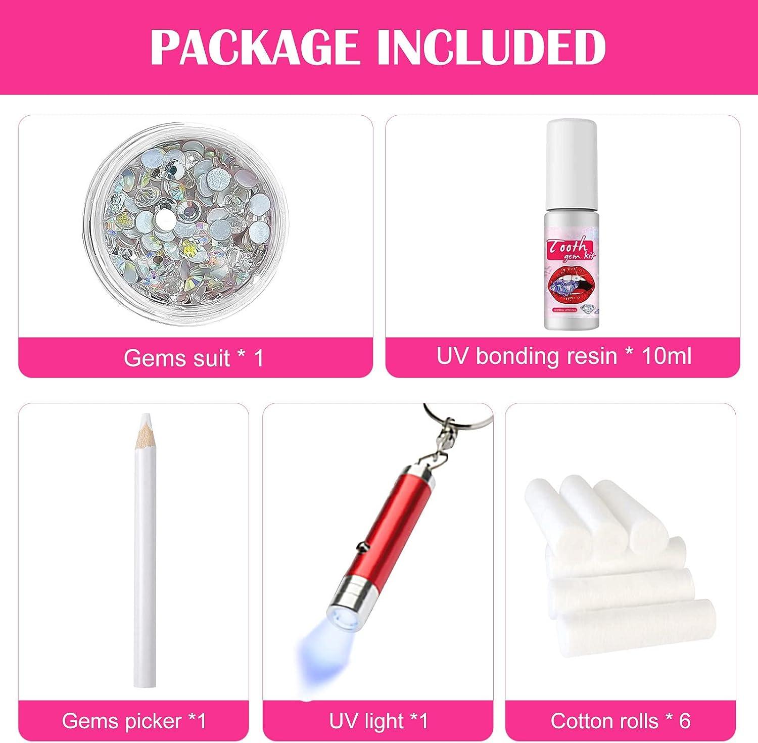 APEE Teeth Gems Kit with Glue and Light,DIY Tooth Gem Set for Reflective  Adornment,Includes 20 Crystals, 6 Micro Inch Nozzles, Crystal Selector, Uv  Adhesive Resin, 1 Lamp Rolls of Cotton, Pink 