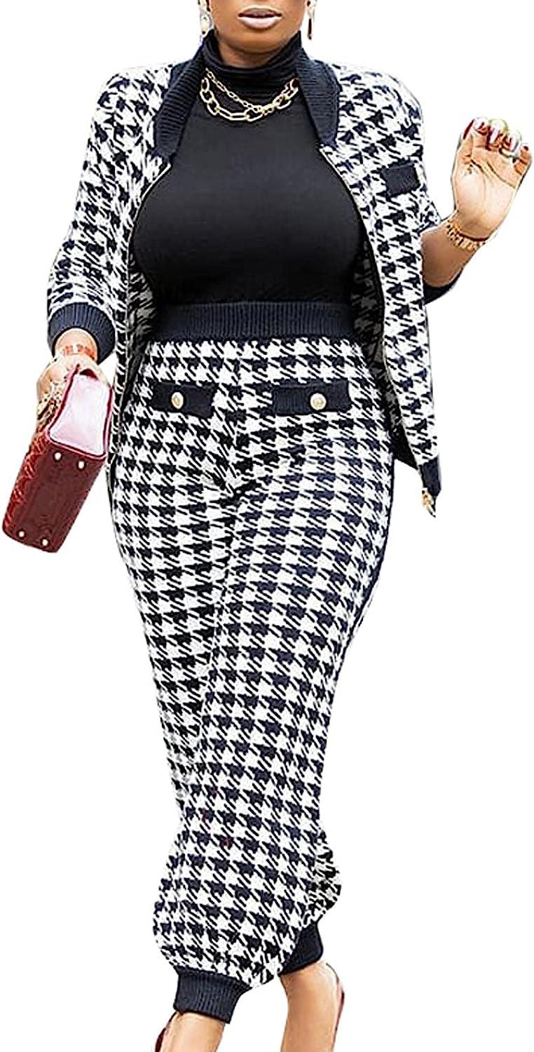 SOMTHRON Womens Houndstooth Print 2 Piece Outfit Zip Up Long Sleeve Jacket  Long Pants Set Work Suits Tracksuit X-Large Black