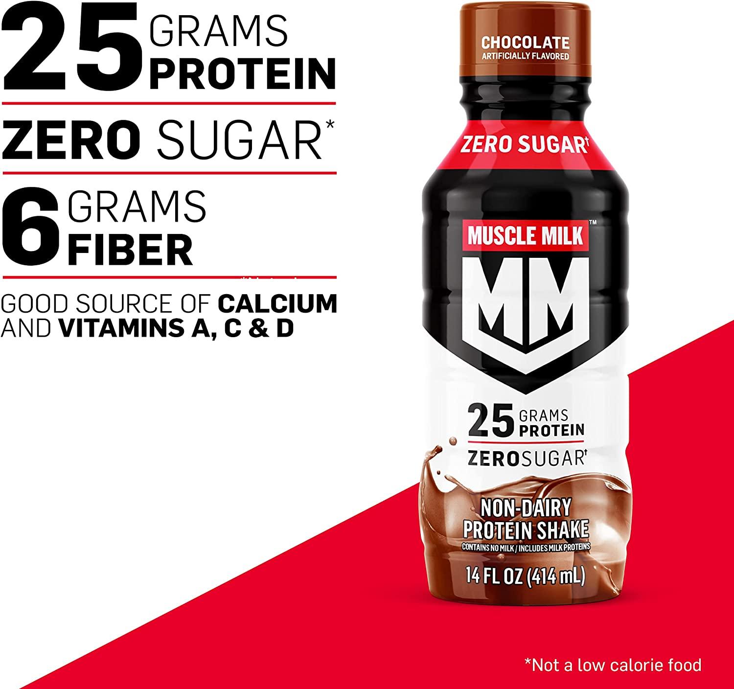 Muscle Milk Genuine Protein Shake, Chocolate, 14 Fl Oz Bottle, 12 Pack, 25g  Protein, Zero Sugar, Calcium, Vitamins A, C & D, 6g Fiber, Energizing  Snack, Workout Recovery, Packaging May Vary Chocolate