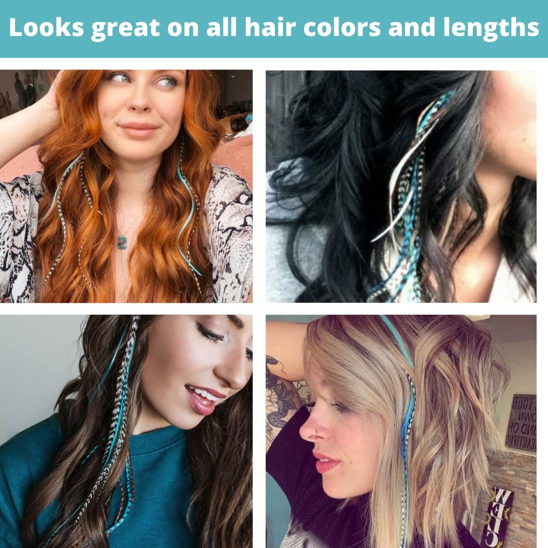 Feather Hair Extensions, 100% Real Rooster Hair Feathers, Long Natural and  Turquoise Blue Colors, 20 Feathers with Beads and Loop Tool Kit NBT
