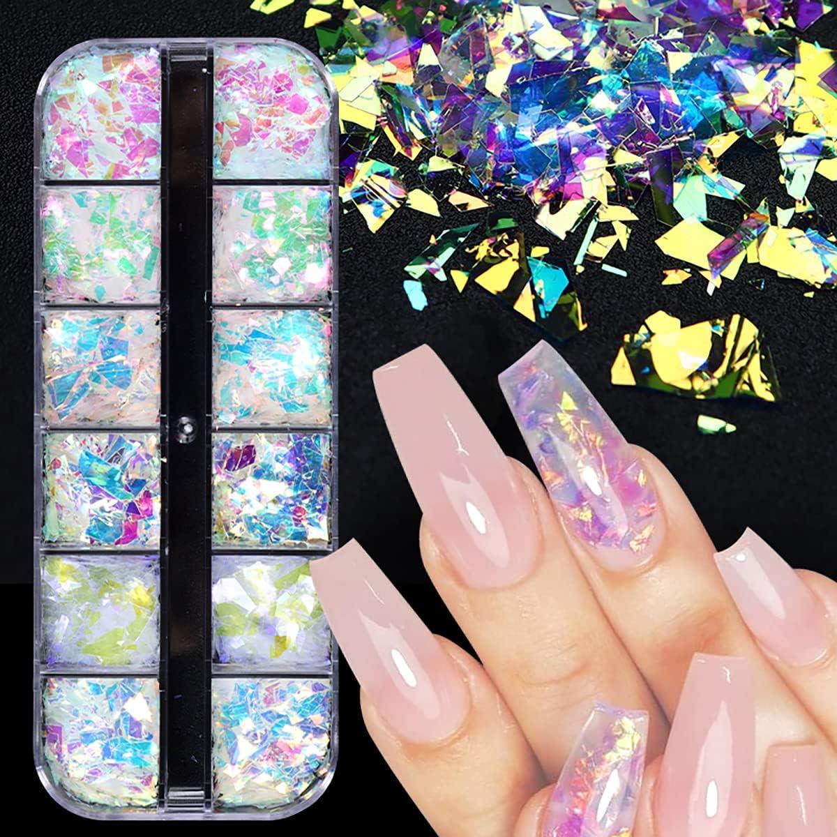 12 Colors Holographic Nail Art Glitter Sequins Iridescent Ice Slag Nail  Glitter Flakes Irregular Mermaid Nail Sequins Colorful Fluorescent Glass  Paper Nail Decoration for Face Hand Body Make-up DIY A4