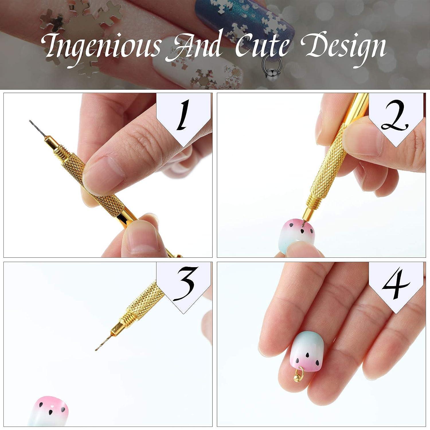 PAGOW 155 PCS Dangle Nail Art Charm, Nail Jewelry Rings with Nail Piercing  Tool Hand Drill for Tips, Acrylic, Gels and Decorations