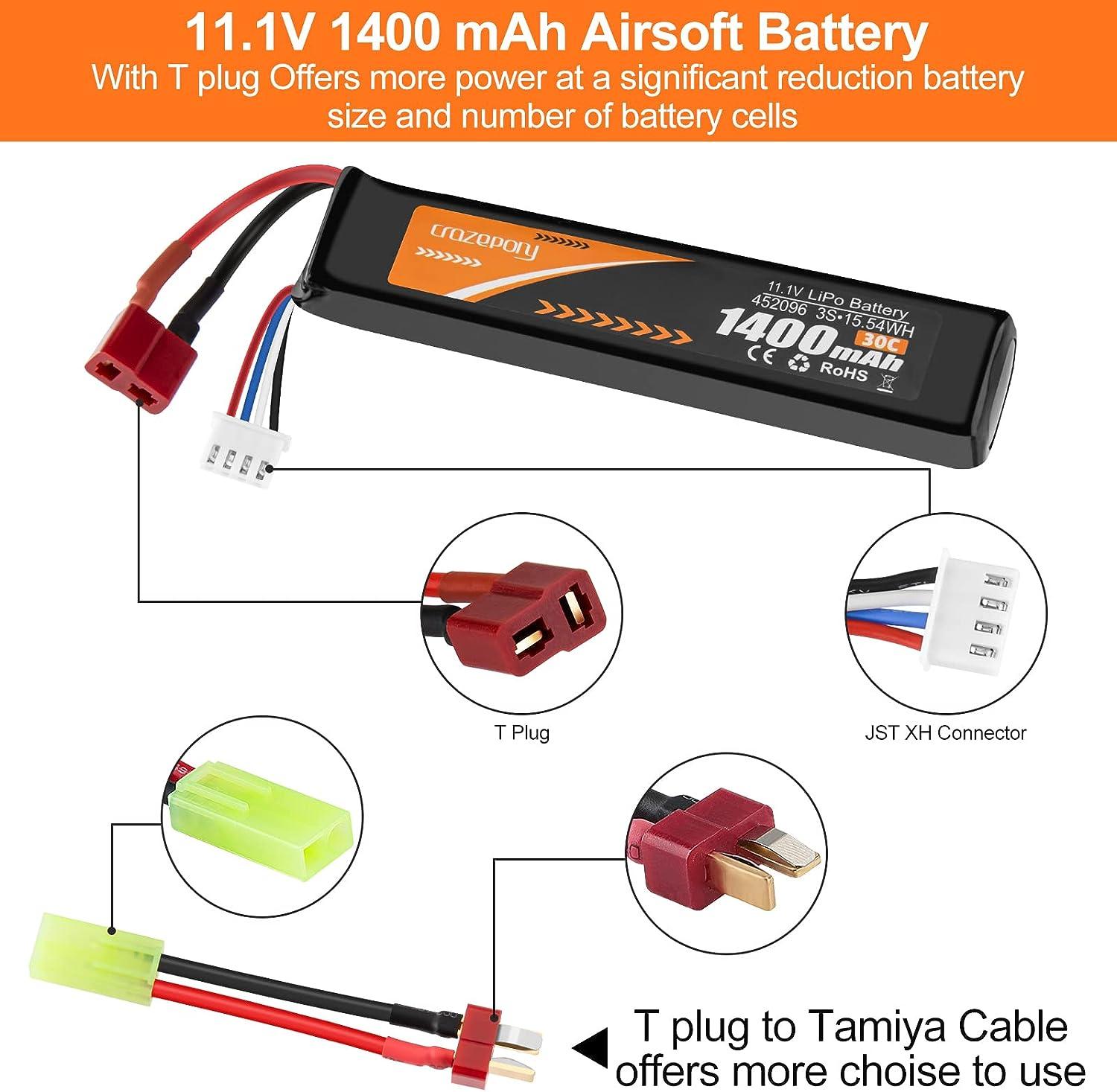 2 Pack Airsoft Battery 11.1V 3s 30C 1400mAh Rechargeable LiPo Battery with  T Plug to Mini Tamiya Cable Connector USB Charger for Airsoft Model