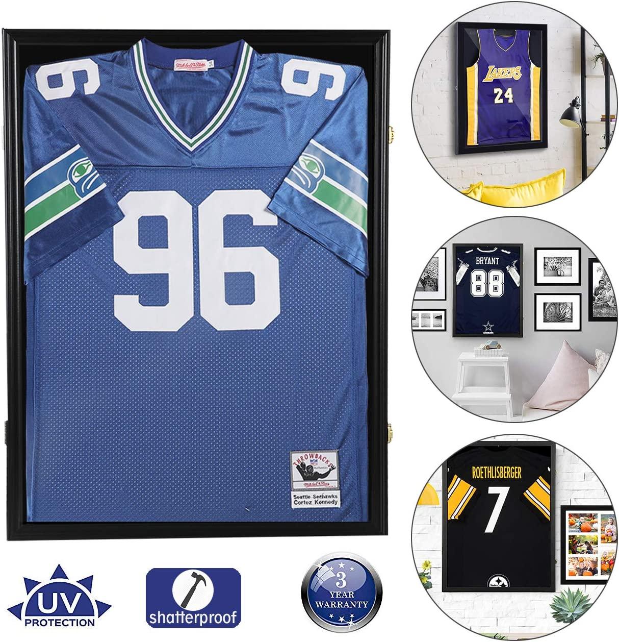 Jaxpety Jersey Frame Display Case Large Sports Jersey Shadow Box Lockable with Acrylic UV Protection Hanger for Baseball Basketball Football Sport