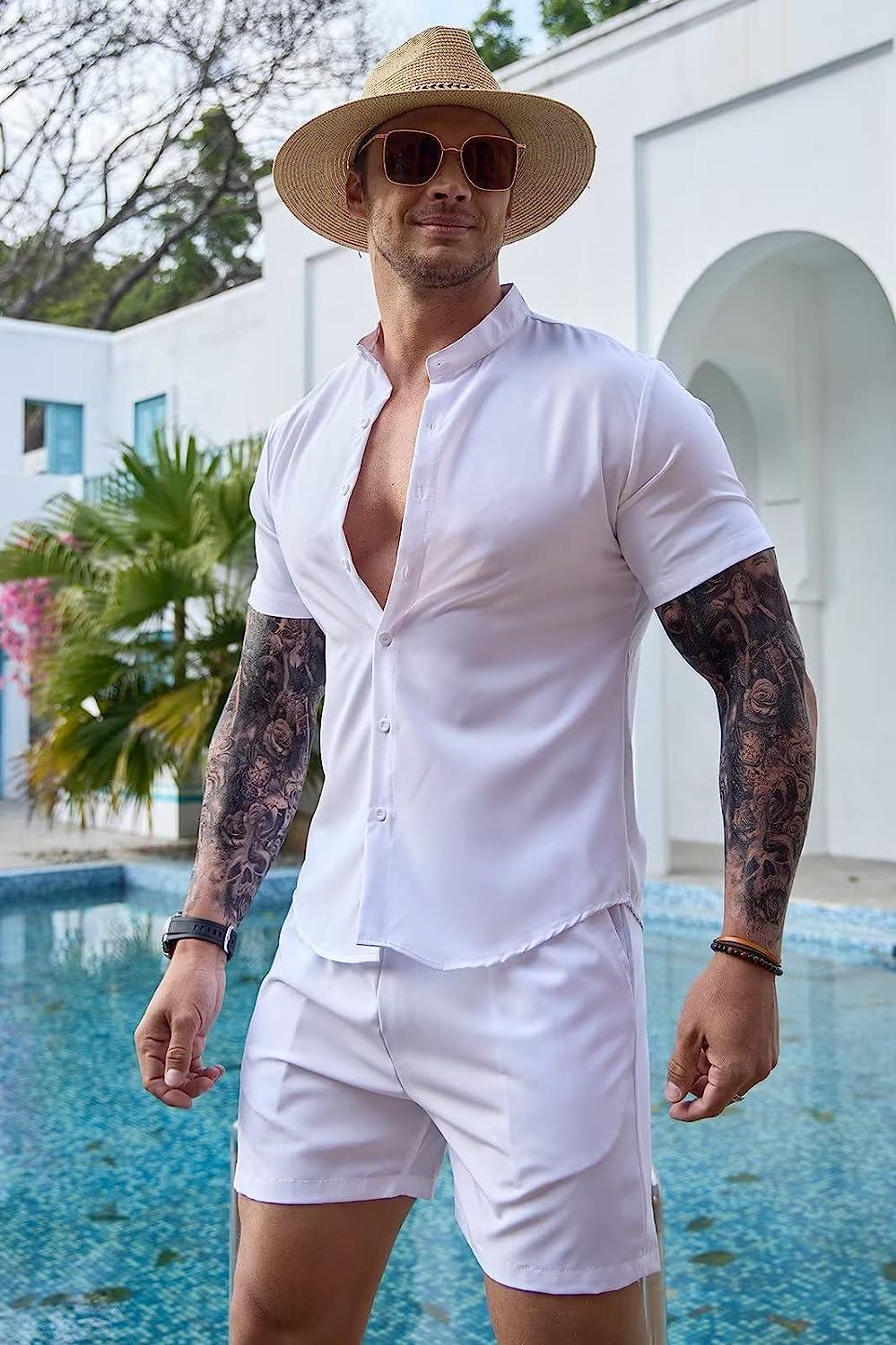 Summer Mens Outfit 2-Piece Set Short Sleeve Shirts and Shorts Sweatsuit Set  Hot