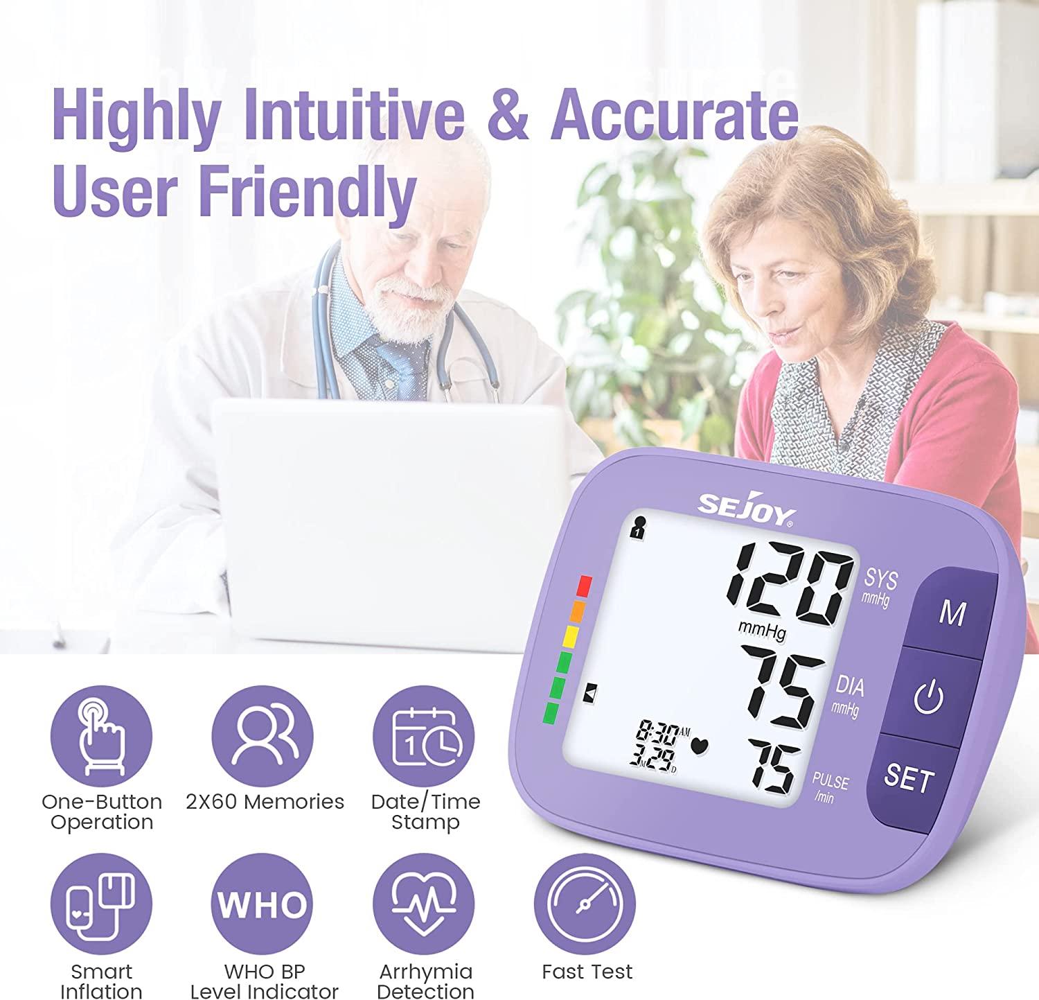 Sejoy Upper Arm Blood Pressure Monitor, Automatic Home Use BP Machine,  Heartbeat Rate Pulse Monitor, 120 Memory, XL Cuff