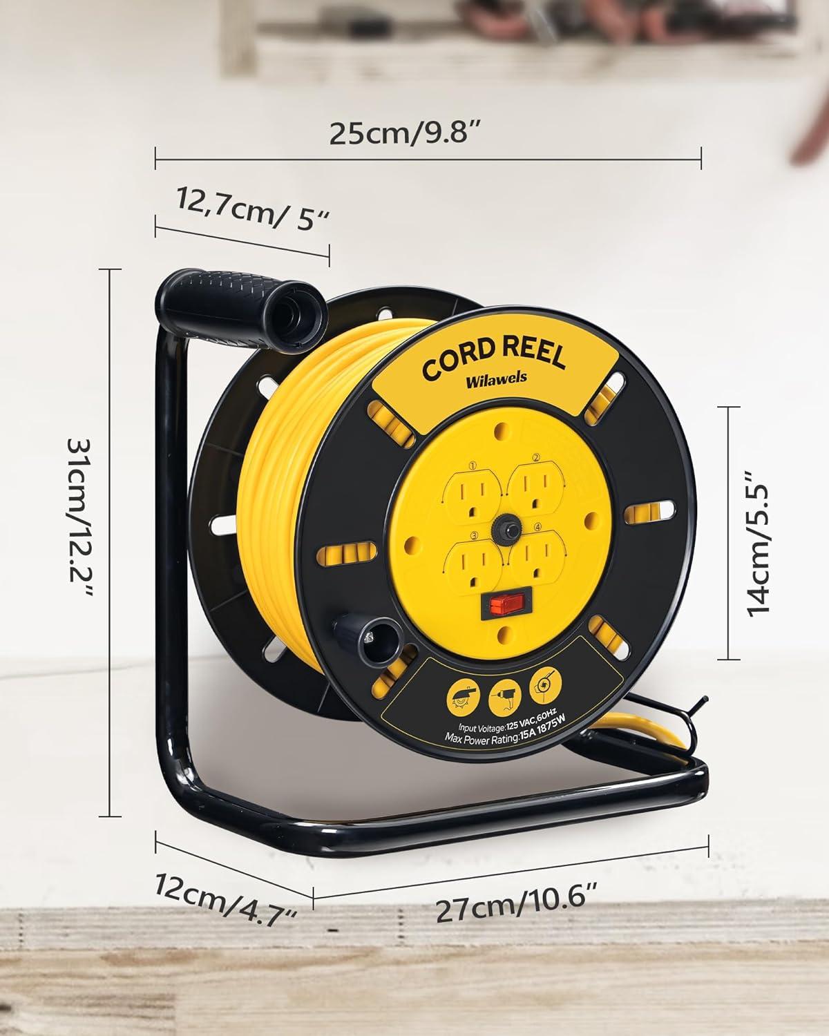 WILAWELS Extension Cord Storage Reel with 4-Grounded Outlets 15A